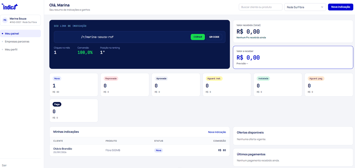 Painel do afiliado com o link de indicação, valor recebido, valor a receber, indicações por status e a lista de indicações